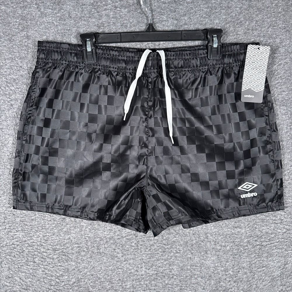 NEW Umbro Soccer Shorts Womens XL Black Jacquard Checkered Satin Drawstring 3"